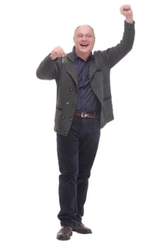 in full growth. smiling mature man with keys in hand.isolated on a white background.