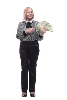 in full growth. attractive business woman with a fan of banknotes. isolated on a white background.