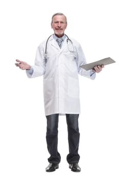 Front view of mature thoughtful doctor writing on clipboard. isolated on white background