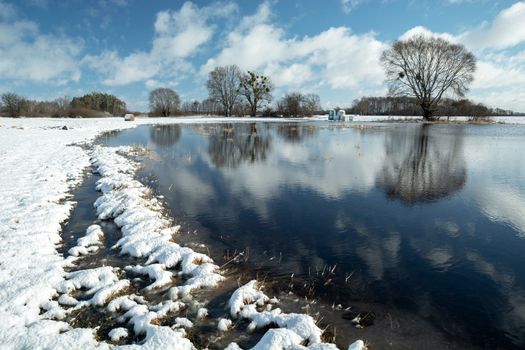 Water and snow on the meadow, sunny winter day, Nowiny, Poland
