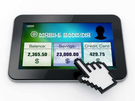 Mobile banking interface screen on tablet computer and hand cursor. 3D illustration.