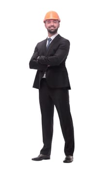 side view.businessman in helmet looking at copy space. isolated on white background