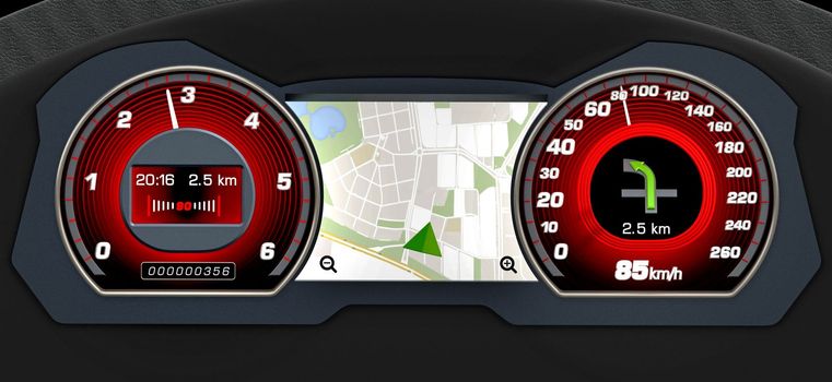Modern speedometer of a car with navigation screen. 3D illustration.
