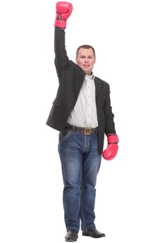 Business man ready to fight with boxing gloves - isolated over white background