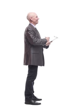 in full growth.Executive business man with clipboard. isolated on a white background.