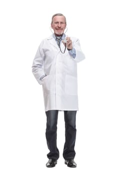 Thoughtful doctor wearing glasses examining X-ray image while standing isolated on white