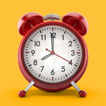 Red alarm clock on yellow background. 3D illustration.