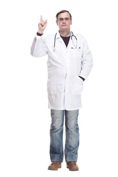in full growth. qualified doctor with a stethoscope. isolated on a white background.