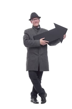 intelligent man in a hat pointing in the direction. isolated on a white background.