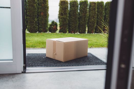 Delivery package, a cardboard box sitting in front of the front door, waiting to be picked up. Surprise Christmas delivery.