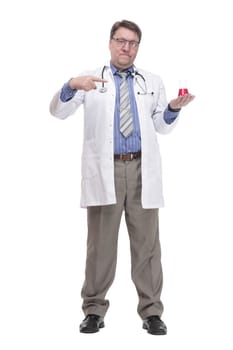 in full growth. General practitioner with a laboratory flask.isolated on a white background.