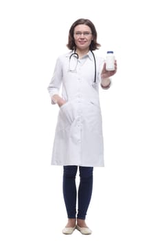 Mature female doctor with disinfectant in hand. isolated on a white background.