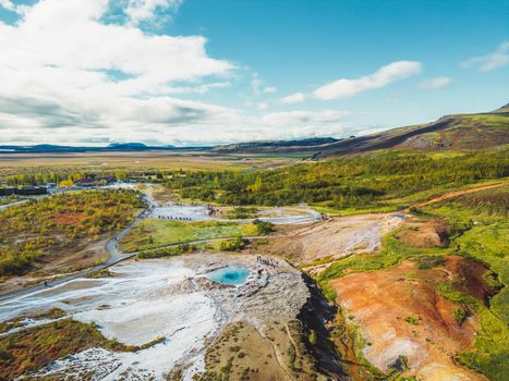 Aerial view of Strokkur geyser, Geyser Hot Springs, Great Geyser in Iceland.