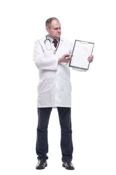 in full growth.qualified doctor with clipboard . isolated on a white background.