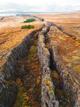 Aerial view of Thingvellir National Park - famous area in Iceland right on the spot where the Atlantic tectonic plates meets. UNESCO World Heritage Site, western Iceland, and site of the Althing. High quality photo