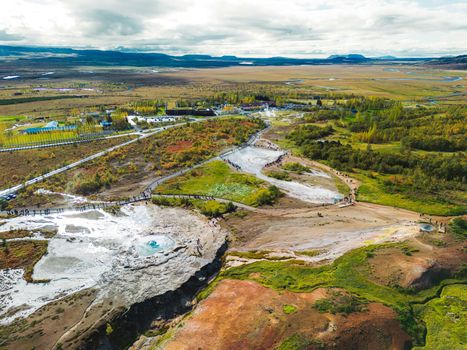 Aerial view of Strokkur geyser, Geyser Hot Springs, Great Geyser in Iceland.