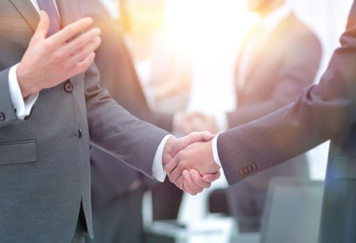 Business partners handshaking over their colleagues on background.