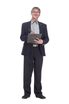 in full growth.senior business man with clipboard. isolated on a white background.