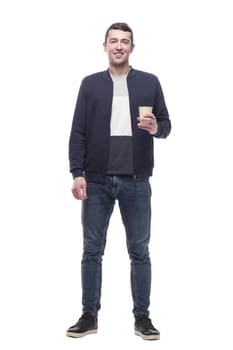 smiling guy with a takeaway coffee . isolated on a white background.