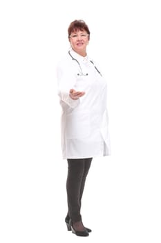 Beautiful attractive happy smiling female doctor physician nurse standing with arms crossed, isolated on white