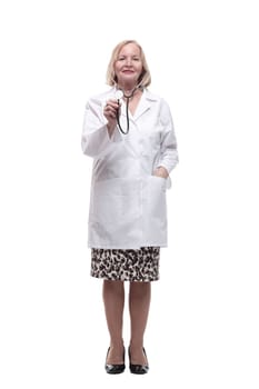 in full growth. smiling female doctor with a stethoscope in her hand. isolated on a white background.