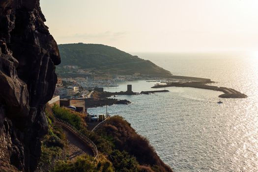 Port of Castelsardo seen from the cliff of the old town. Sardinia, Italy