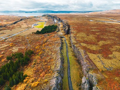 Aerial view of Thingvellir National Park - famous area in Iceland right on the spot where the Atlantic tectonic plates meets. UNESCO World Heritage Site, western Iceland, and site of the Althing. High quality photo