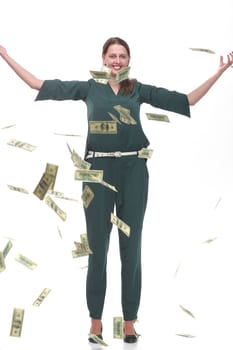 Image of money falling on happy smiling businesswoman - isolated on white background