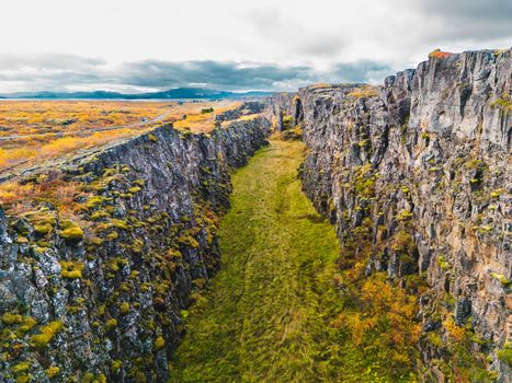 Aerial view of Thingvellir National Park - famous area in Iceland right on the spot where the Atlantic tectonic plates meets. UNESCO World Heritage Site, western Iceland, and site of the Althing. High quality photo