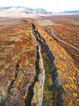 Aerial view of Thingvellir National Park - famous area in Iceland right on the spot where the Atlantic tectonic plates meets. UNESCO World Heritage Site, western Iceland, and site of the Althing. High quality photo