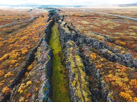 Aerial view of Thingvellir National Park - famous area in Iceland right on the spot where the Atlantic tectonic plates meets. UNESCO World Heritage Site, western Iceland, and site of the Althing. High quality photo