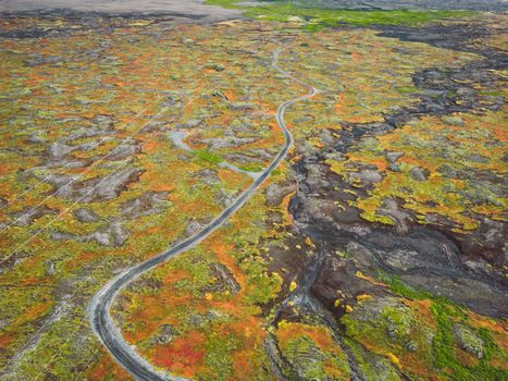 Icelandic highlands, F roads, river crossing. Remote dirt road somewhere in Iceland mainland, surrounded by vibrant green bushes and volcanic lands.