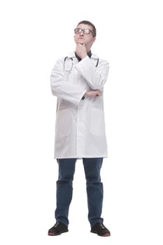 in full growth. qualified doctor with a stethoscope . isolated on a white background.