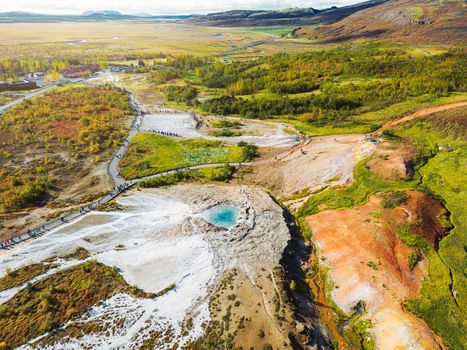 Aerial view of Strokkur geyser, Geyser Hot Springs, Great Geyser in Iceland.