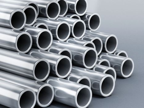 Steel tubes stack. 3D illustration.