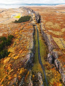 Aerial view of Thingvellir National Park - famous area in Iceland right on the spot where the Atlantic tectonic plates meets. UNESCO World Heritage Site, western Iceland, and site of the Althing. High quality photo