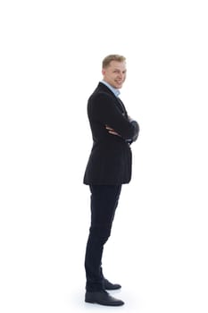 side view. a man in a business suit looking at a white screen . isolated on a white background.