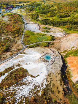 Aerial view of Strokkur geyser, Geyser Hot Springs, Great Geyser in Iceland.