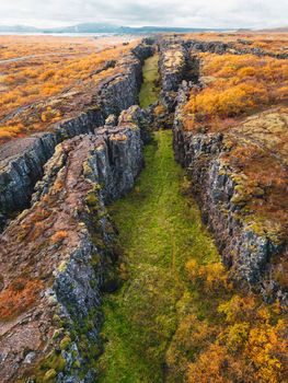 Aerial view of Thingvellir National Park - famous area in Iceland right on the spot where the Atlantic tectonic plates meets. UNESCO World Heritage Site, western Iceland, and site of the Althing. High quality photo