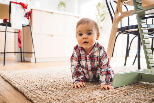 Cute little baby girl crawling on the rug under the dining room table, dressed in a Christmas dress.