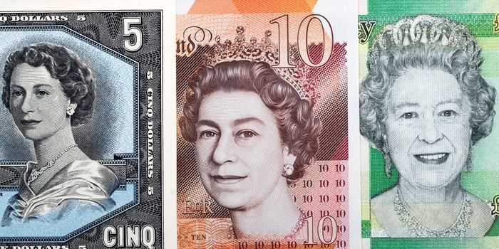 Queen Elizabeth II on banknotes from different countries, Canada, England and Gibraltar