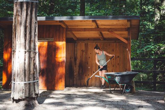 Woman cleaning the stables on a hot summer day, in the forest shade on a horse ranch in Slovenia. 