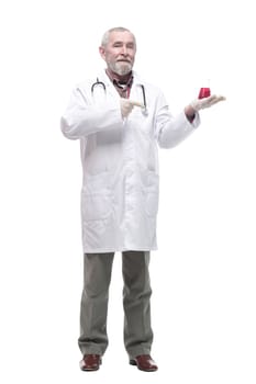 elderly competent doctor with a laboratory flask in his hands. isolated on a white background.