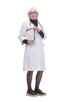 in full growth. female doctor with clipboard. isolated on a white background.