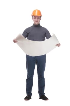 in full growth. confident male architect with drawings. isolated on a white background.