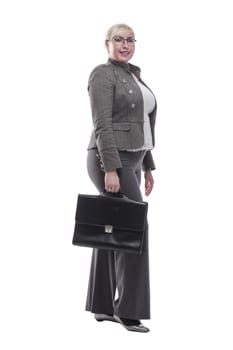 in full growth. friendly business woman with a leather briefcase. isolated on a white background