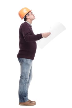 man in a protective helmet with drawings of a new project . isolated on a white background.