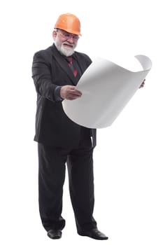 in full growth. M ature s uccessful a rchitect w ith a roll o f d rawings. isolated on a white background