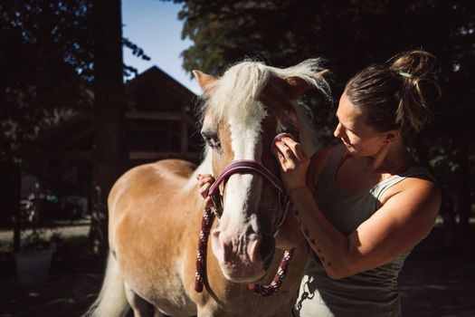 Woman taking care, grooming a horse outside in the forest on a horse ranch.