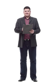 Mature business man with clipboard. isolated on a white background.